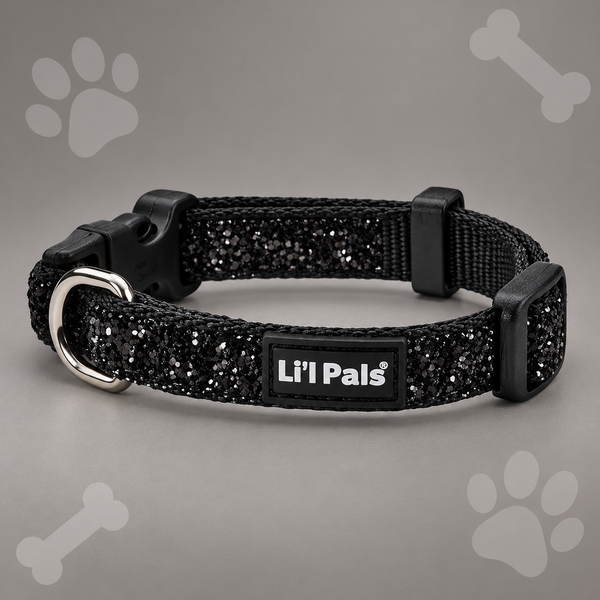 Li'l Pals Adjustable Dog Collar with Glitter Overlay – Black Sparkles, Petite X-Small, 3/8" x 6–8"