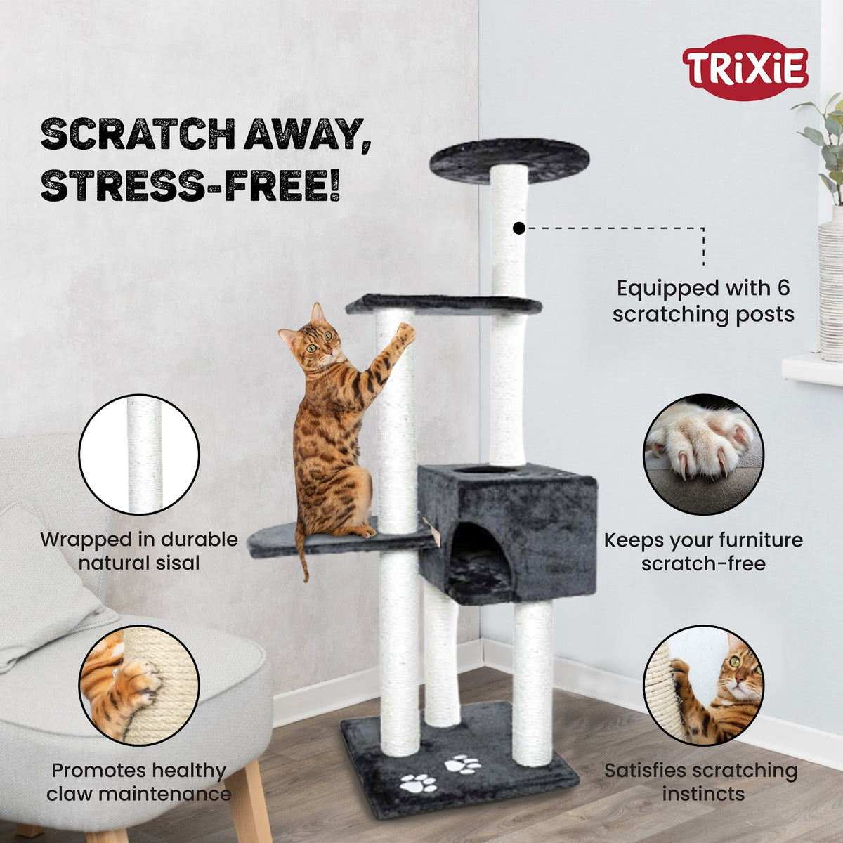 Trixie Alicante Scratching Cat Tree, Grey, 43 x 43 x 142 cm