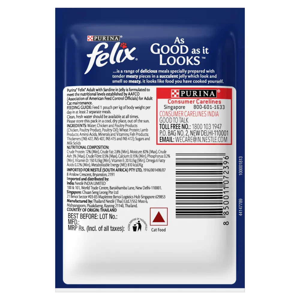 Felix Sardine in Jelly Complete & Balanced Adult Cat Wet Food (Pack of 96)