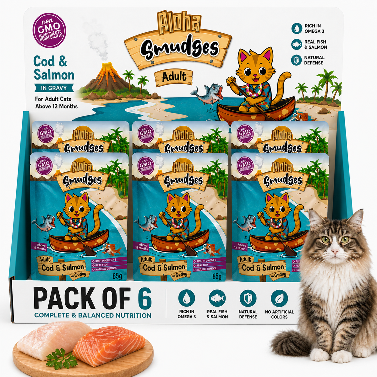 Aloha Smudges Cod & Salmon Adult Cat wet food in Gravy 85g Pouch
