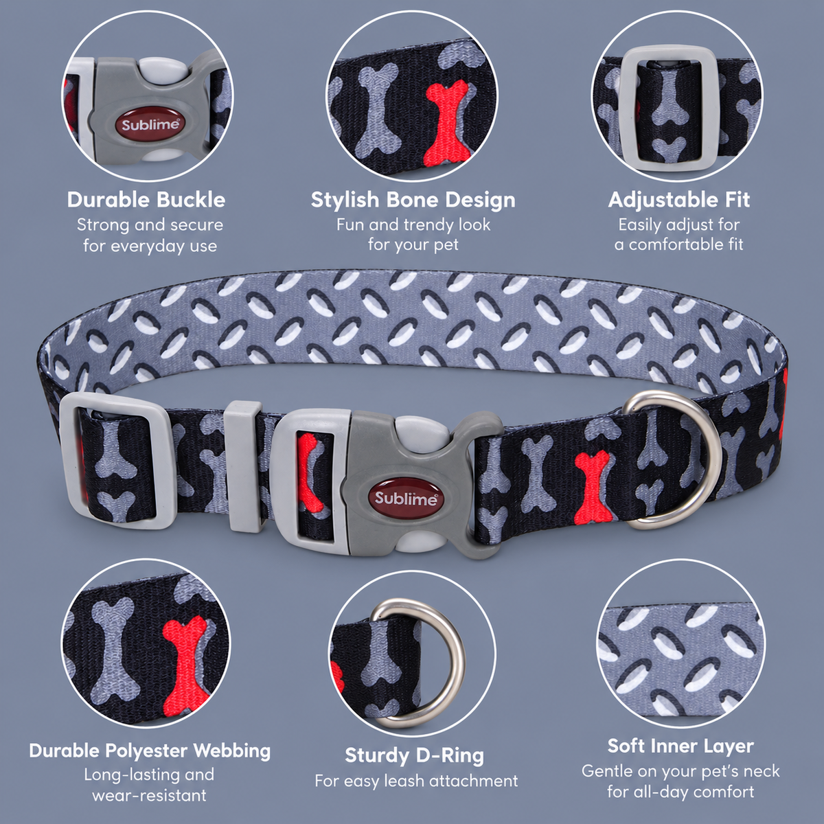 Coastal Pet Products Sublime Adjustable Dog Collar – Bones Metal Plate, 1.5" x 18–26"