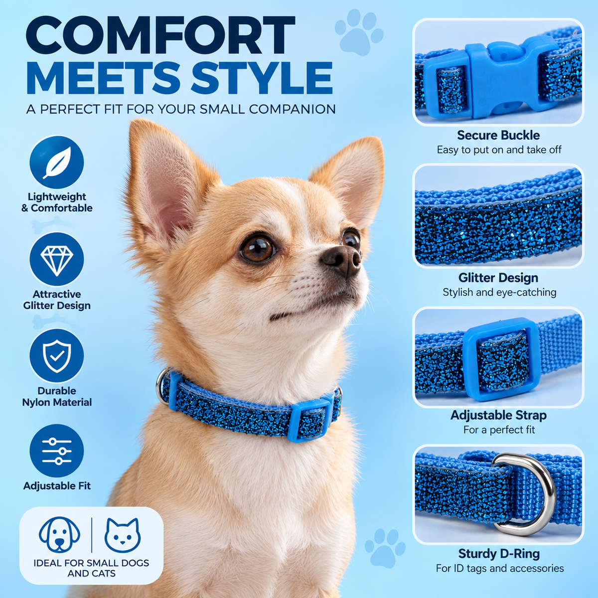 Li'l Pals Adjustable Dog Collar – Blue Sparkles Glitter Overlay, Petite X-Small, 3/8" x 6–8"