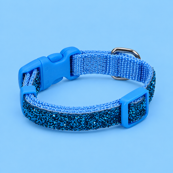 Li'l Pals Adjustable Dog Collar – Blue Sparkles Glitter Overlay, Petite X-Small, 3/8" x 6–8"