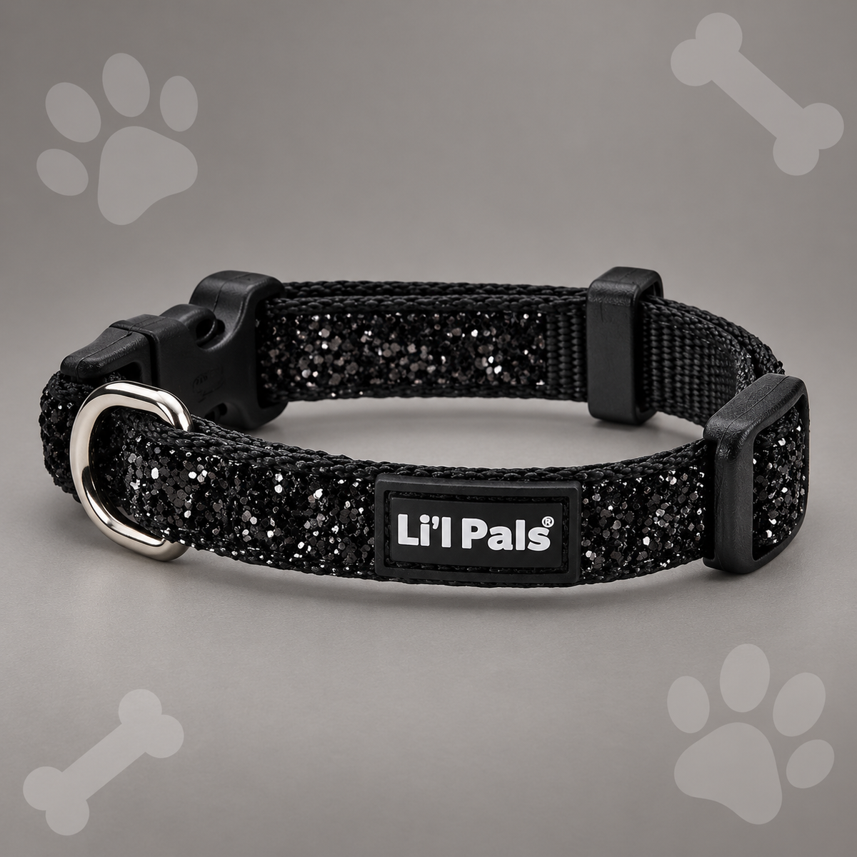 Li'l Pals Adjustable Dog Collar with Glitter Overlay – Black Sparkles, Petite X-Small, 3/8" x 6–8"