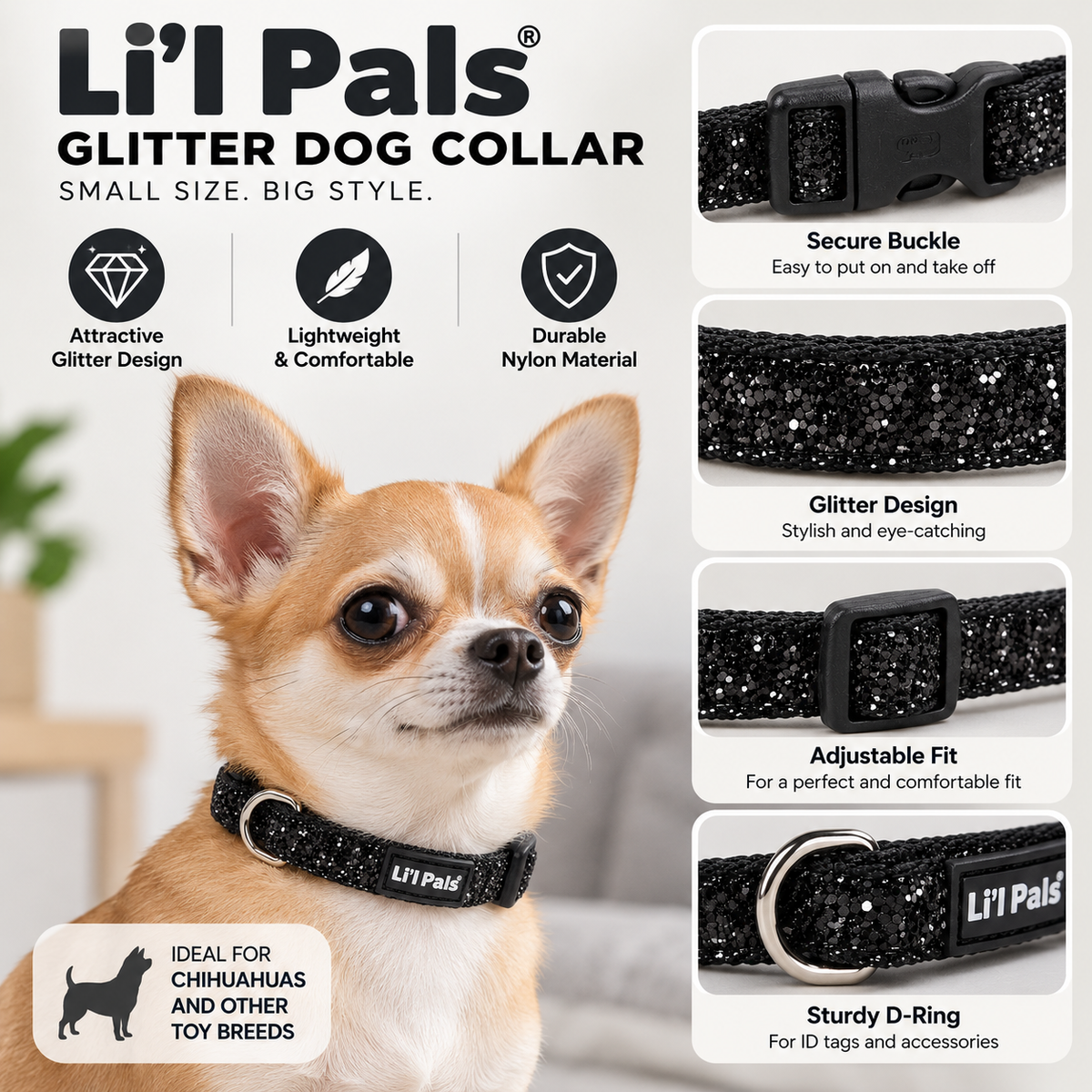 Li'l Pals Adjustable Dog Collar with Glitter Overlay – Black Sparkles, Petite X-Small, 3/8" x 6–8"