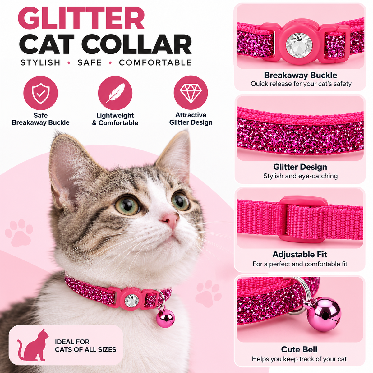 Safe Cat Jeweled Adjustable Breakaway Cat Collar – Pink Glitter, 3/8" x 8–12"