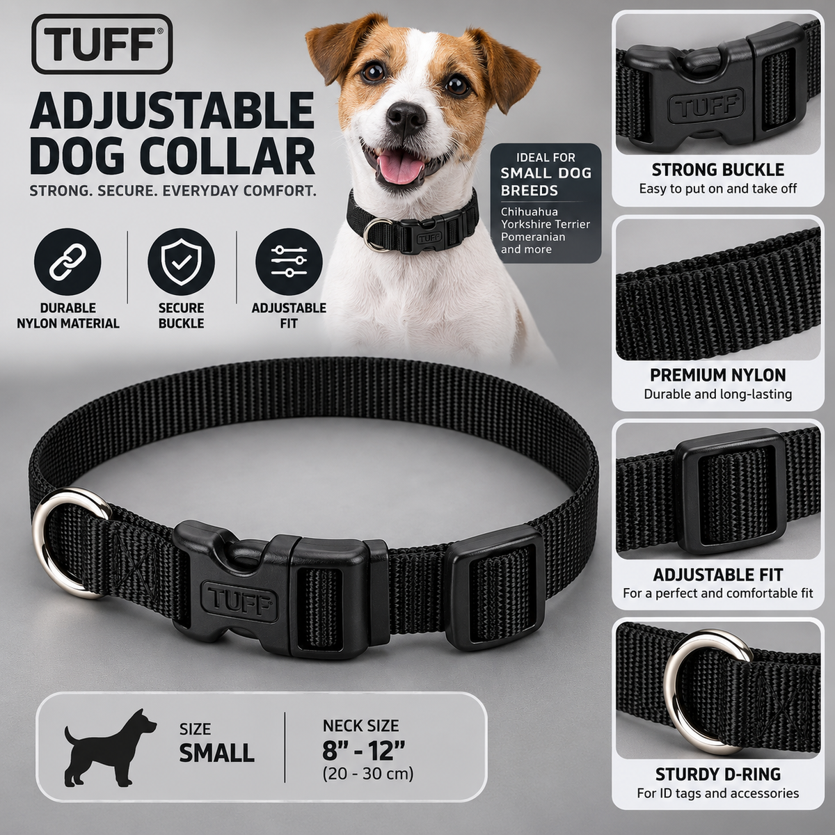 Coastal Pet Nylon Adjustable Dog Collar – Black, X-Small, 8–12"