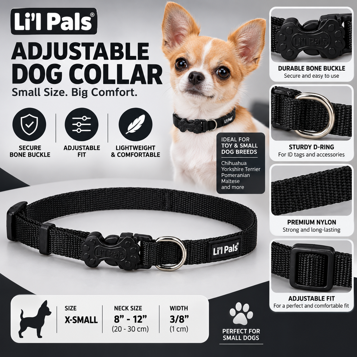 Coastal Li'l Pals Nylon Adjustable Dog Collar – Black, X-Small, 5/16" x 8–12"