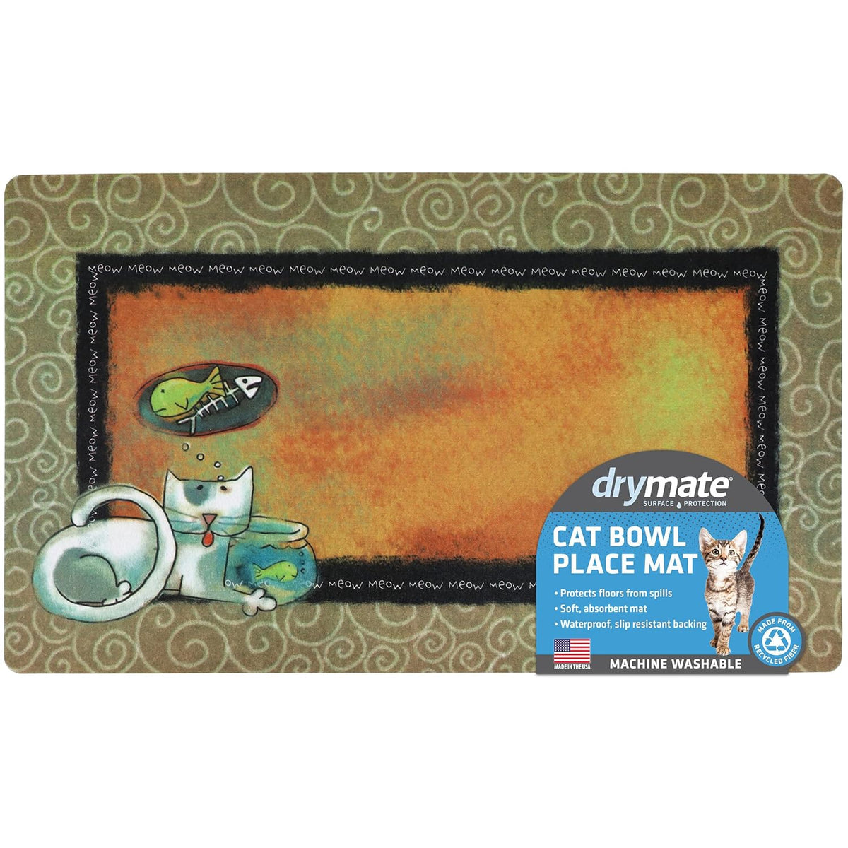 Drymate Cat Placemat – Tan Swirl Fish Kitty (12 x 20 Inches)