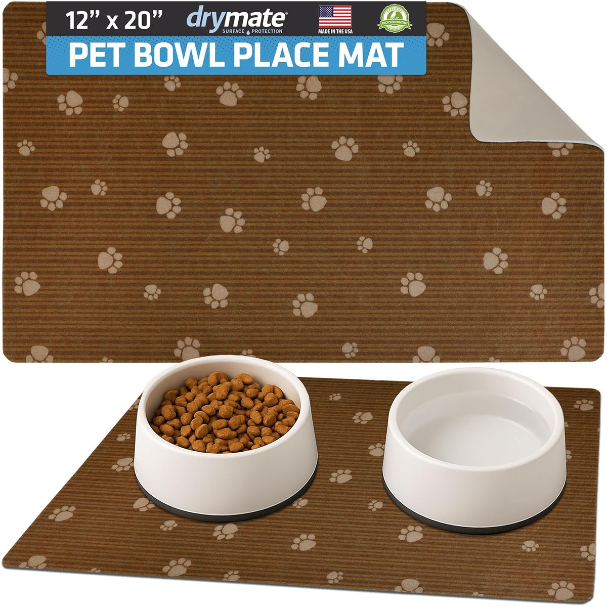 Drymate Pet Placemat – Brown Stripe/Tan Paw (12 x 20 Inches)