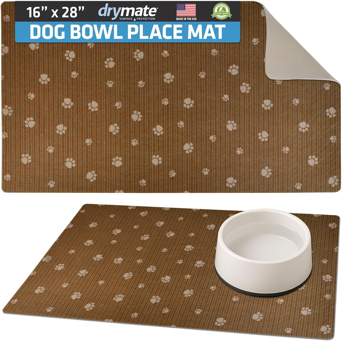 Drymate Pet Placemat – Brown Stripe/Tan Paw (16 x 28 Inches)