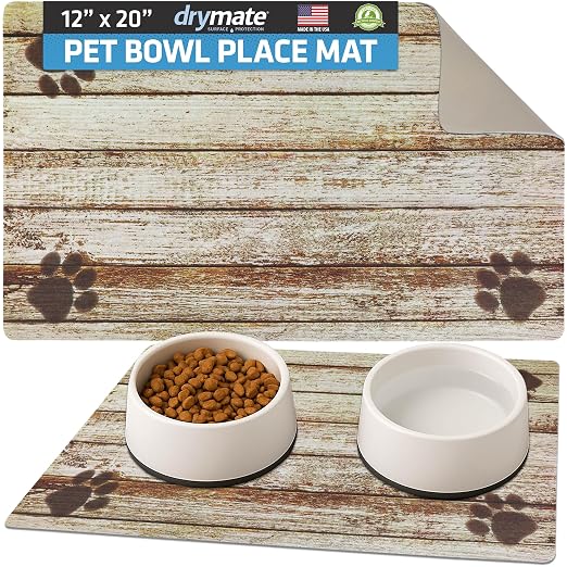 Drymate Pet Placemat – Tan Distressed Wood/Paws (12 x 20 Inches)