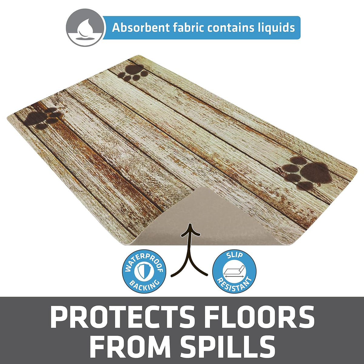 Drymate Pet Placemat – Tan Distressed Wood/Paws (12 x 20 Inches)