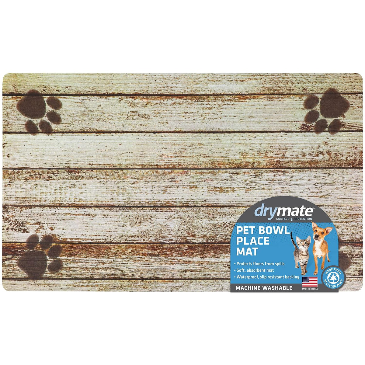Drymate Pet Placemat – Tan Distressed Wood/Paws (12 x 20 Inches)