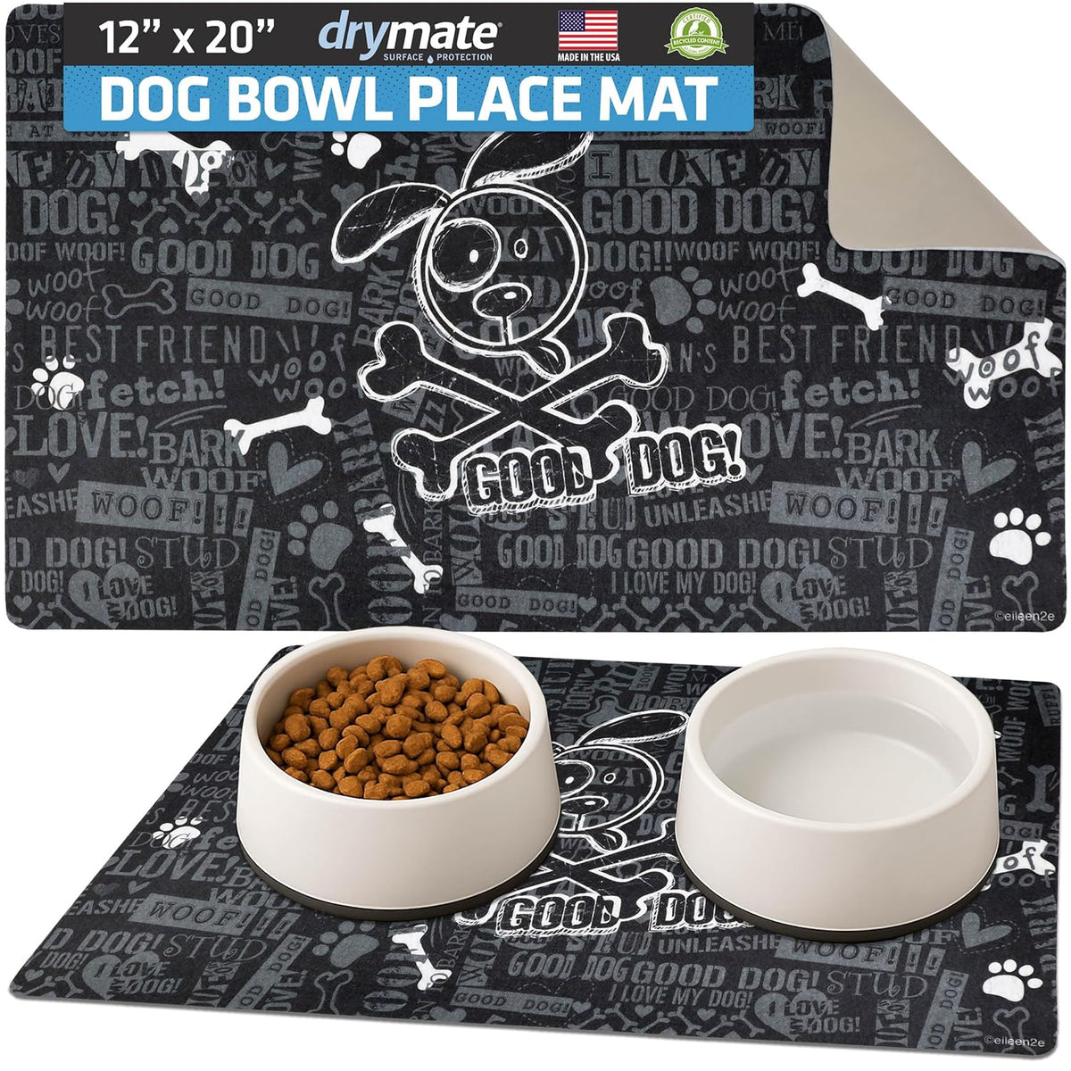 Drymate Pet Placemat – Good Dog Cross Bones / Black (12 x 20 Inches)