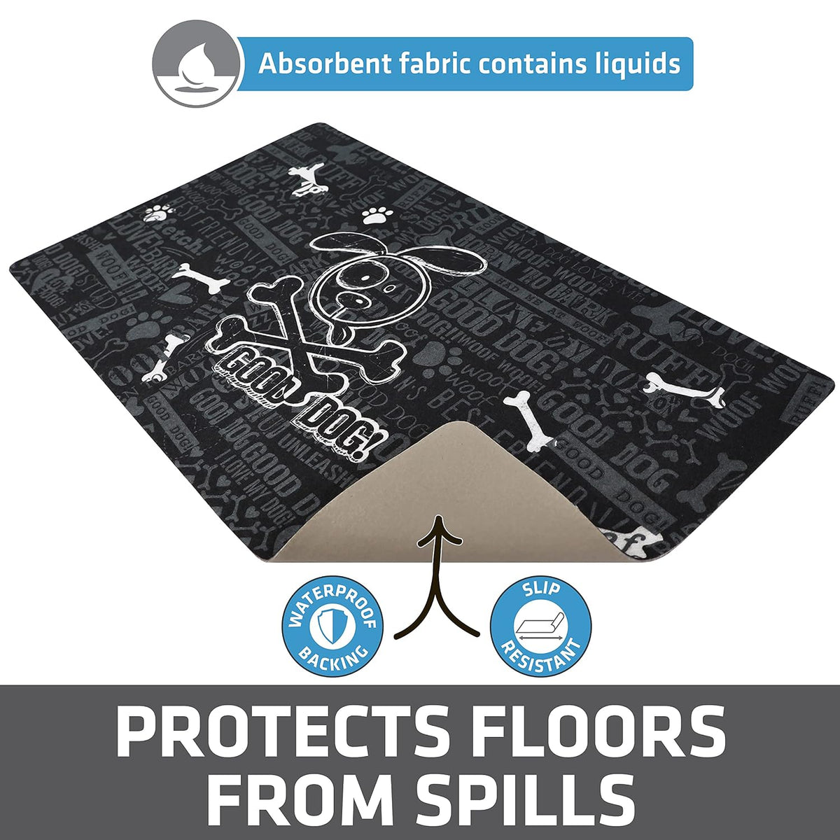 Drymate Pet Placemat – Good Dog Cross Bones / Black (12 x 20 Inches)