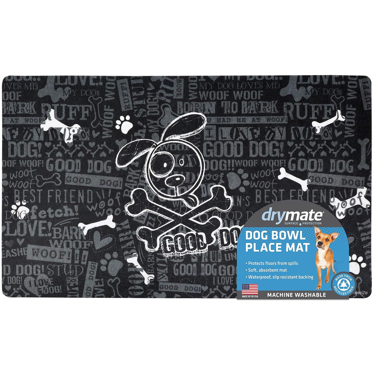 Drymate Pet Placemat – Good Dog Cross Bones / Black (12 x 20 Inches)