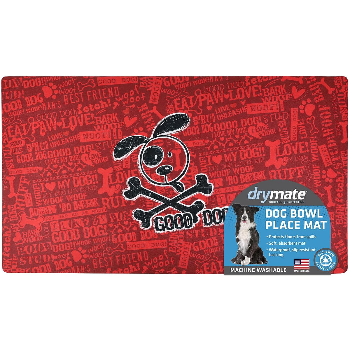 Drymate Cross Bones Dog Bowl Placemat – Red (Large, 16 x 28 Inches)