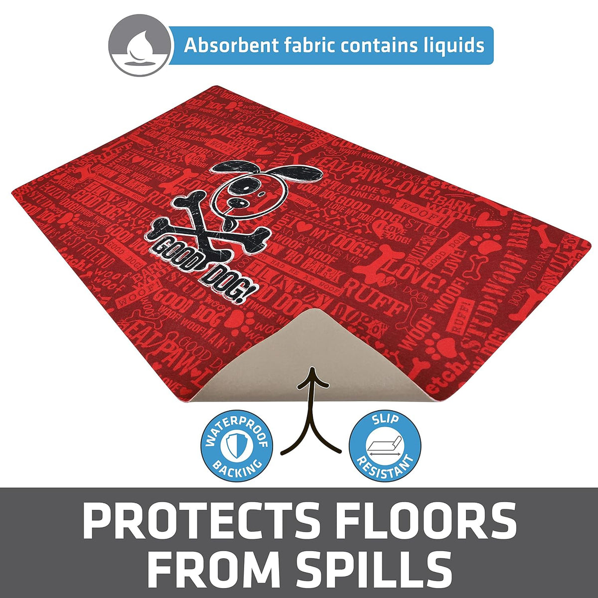 Drymate Cross Bones Dog Bowl Placemat – Red (Large, 16 x 28 Inches)