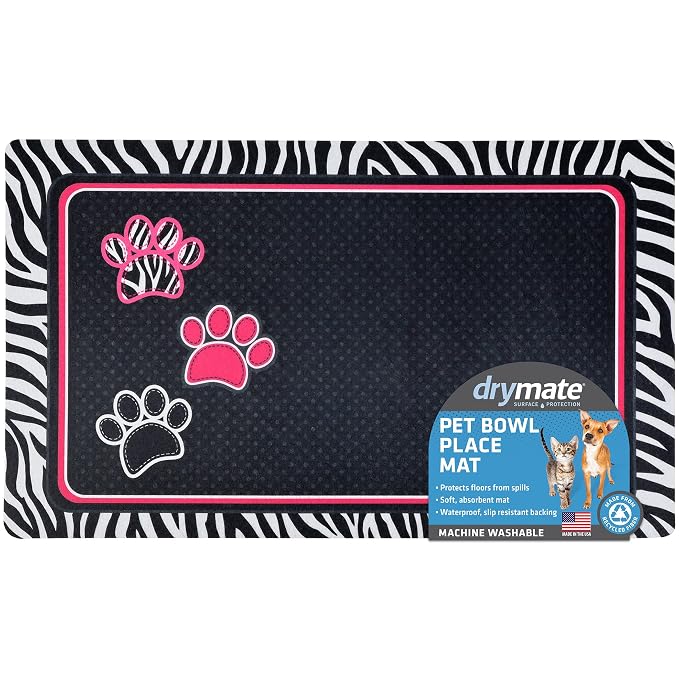 Drymate Pet Placemat – Pink with 3 Paws / Zebra Border (12 x 20 Inches)