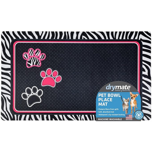 Drymate Pet Placemat – Pink with 3 Paws / Zebra Border (12 x 20 Inches)