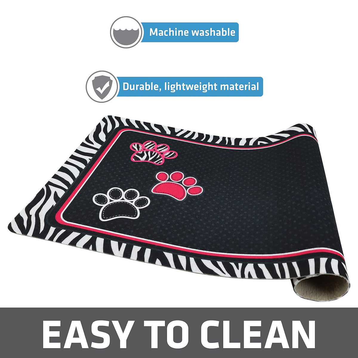 Drymate Pet Placemat – Pink with 3 Paws / Zebra Border (12 x 20 Inches)