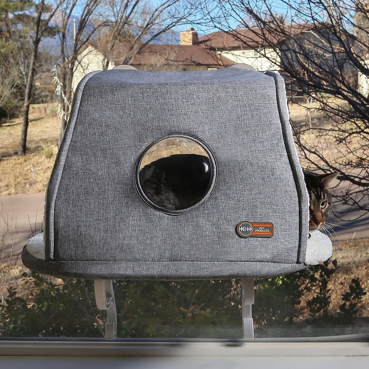 K&H Universal Mount Kitty Sill with Hood Gray 14 x 24 Inches Window Perch for Cats