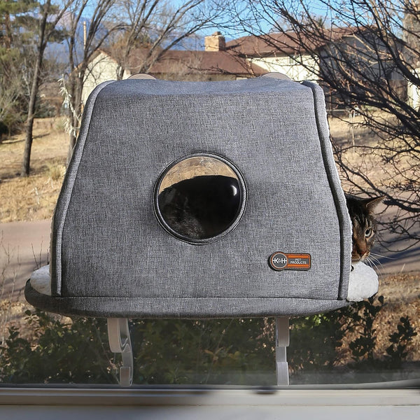 K&H Universal Mount Kitty Sill with Hood Gray 14 x 24 Inches Window Perch for Cats