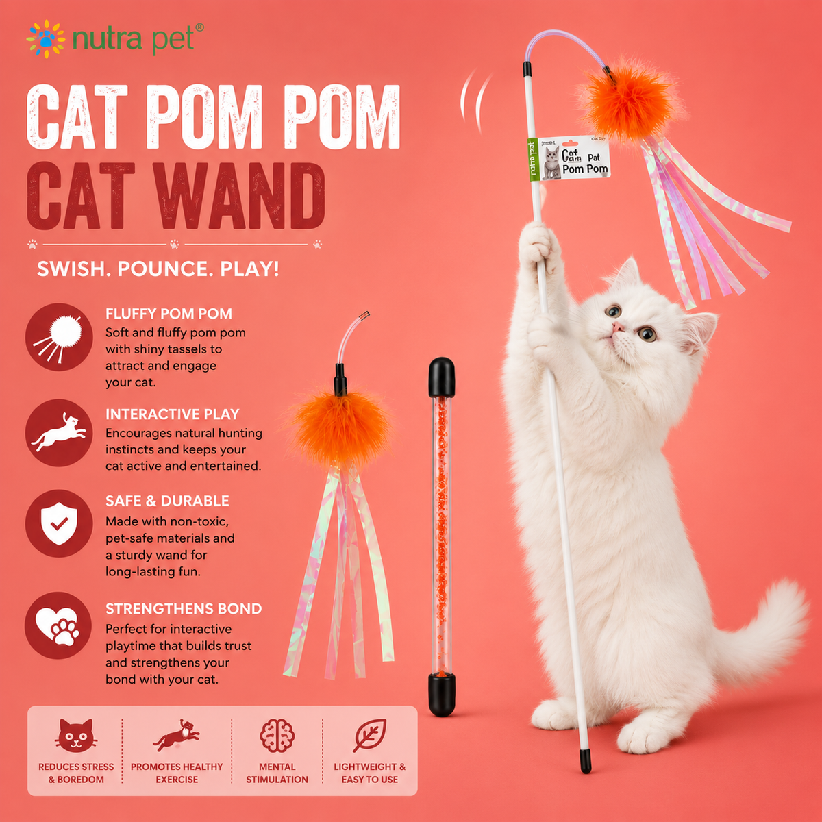 Nutrapet Cat Pom Pom Cat Wand Cat Toy