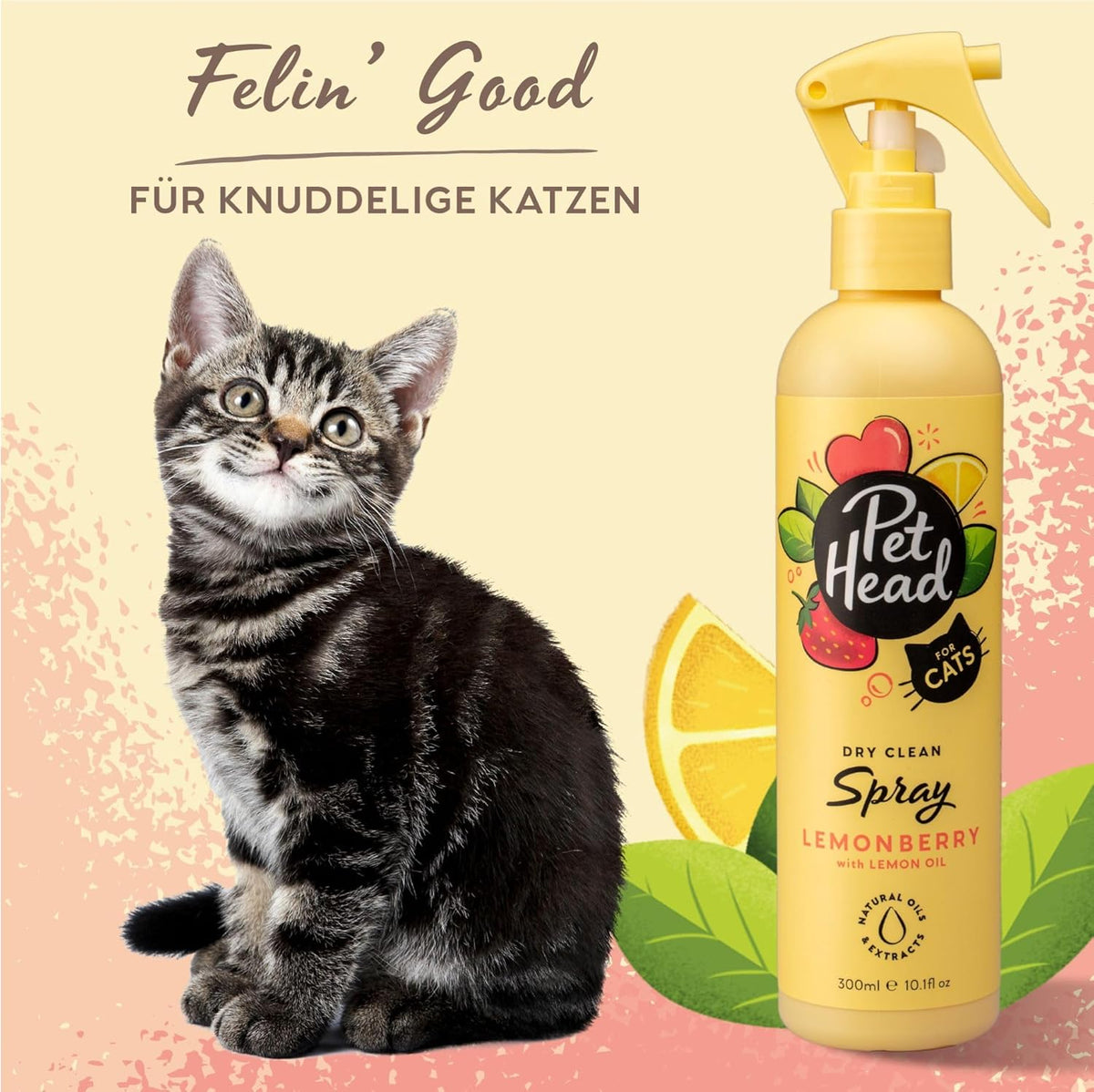 Pet Head Lemonberry Dry Clean Cat Spray | No-Rinse | Strawberry & Lemon Oil | Vegan & Cruelty-Free | 300ml