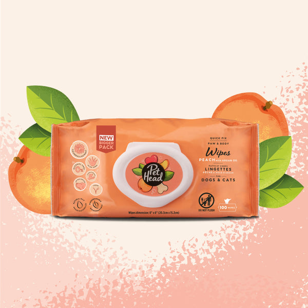 Pet Head Quick Fix Paw & Body Wipes for Dogs & Cats | Peach Scent with Aloe Vera | Biodegradable | Vegan & Cruelty-Free | 80 Wipes