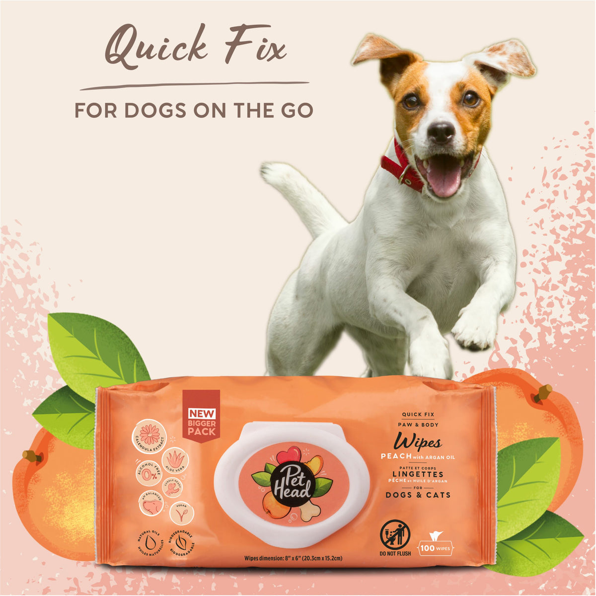 Pet Head Quick Fix Paw & Body Wipes for Dogs & Cats | Peach Scent with Aloe Vera | Biodegradable | Vegan & Cruelty-Free | 80 Wipes