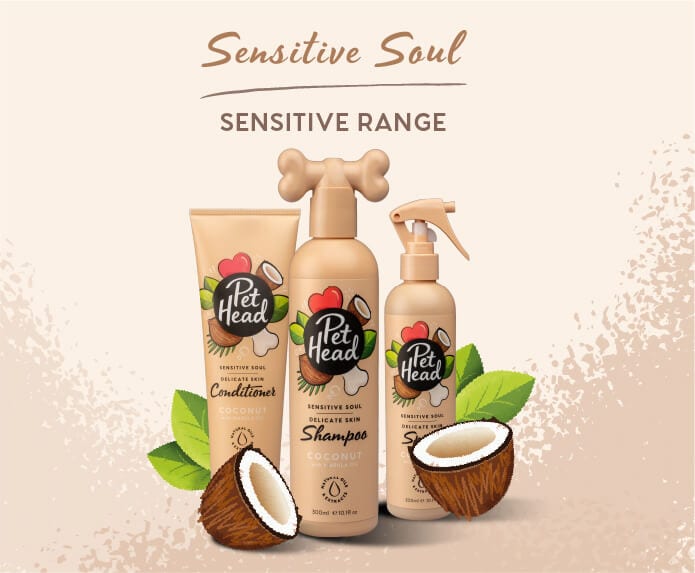 Pet Head Sensitive Soul Dog Spray for Sensitive Skin – Oatmeal & Marula Oil | No-Rinse | Coconut Scent | Vegan & Cruelty-Free | 300ml