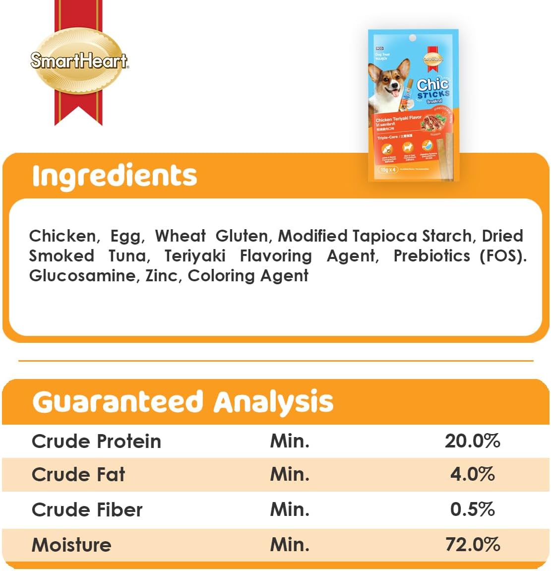 SmartHeart Chick'n Sticks Chicken Teriyaki Flavour Dog Treats 15g