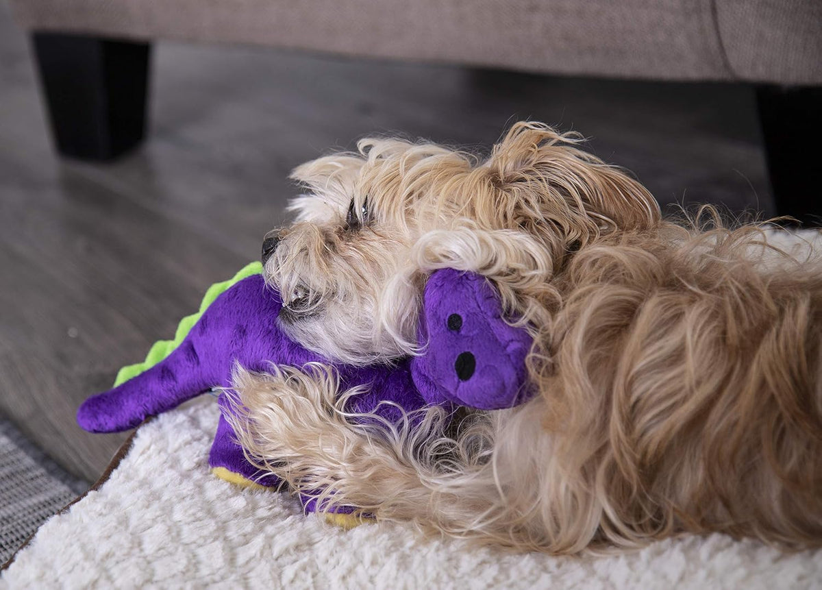 goDog Dinos Bruto with Chew Guard Technology Durable Plush Squeaker Dog Toy – Purple, Small