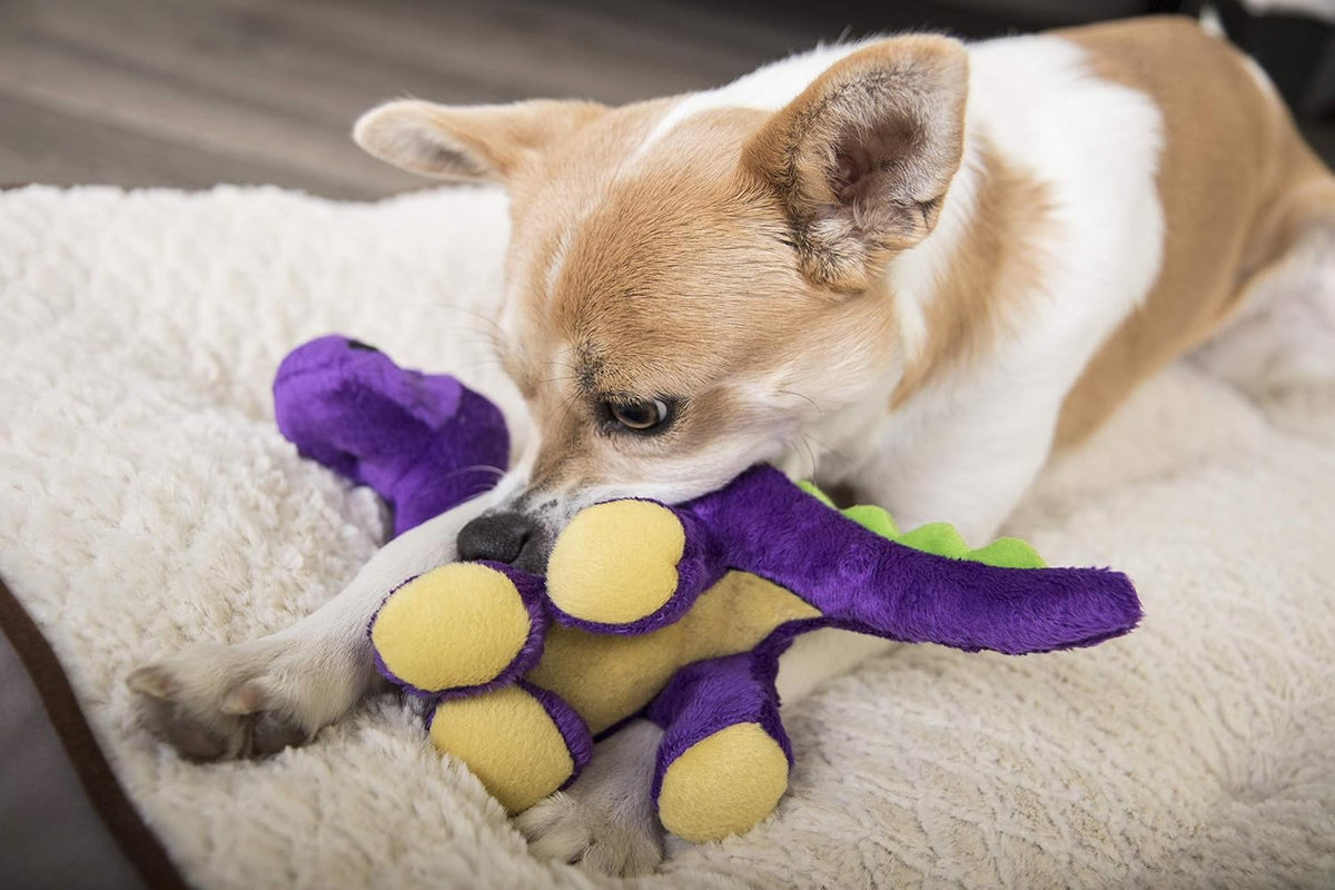 goDog Dinos Bruto with Chew Guard Technology Durable Plush Squeaker Dog Toy – Purple, Small