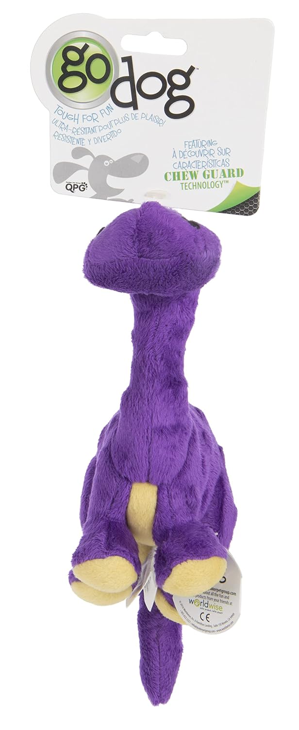 goDog Dinos Bruto with Chew Guard Technology Durable Plush Squeaker Dog Toy – Purple, Small