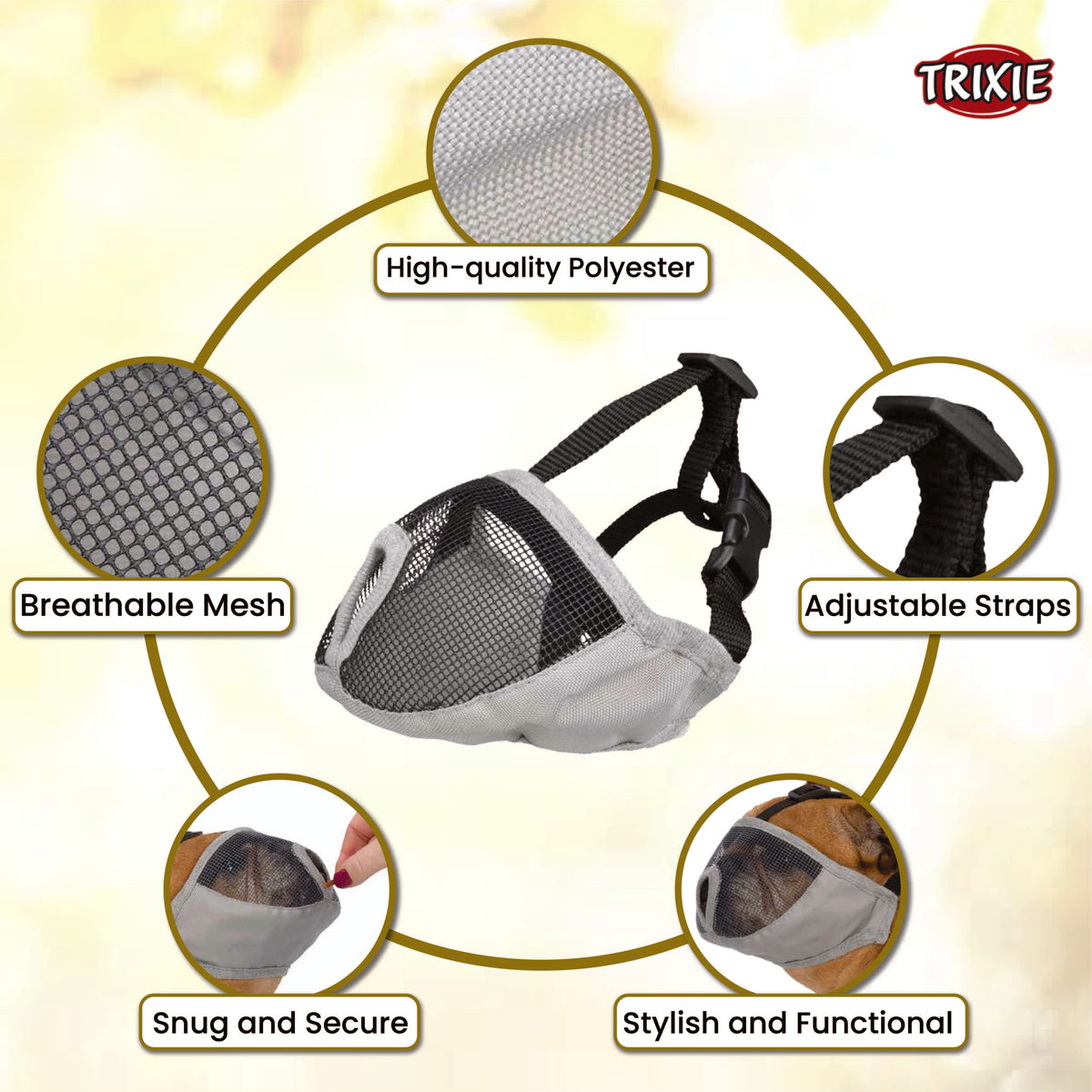 Trixie Muzzle For Short-Nosed Breeds, Grey, S–M, Short Head Strap - 31 cm