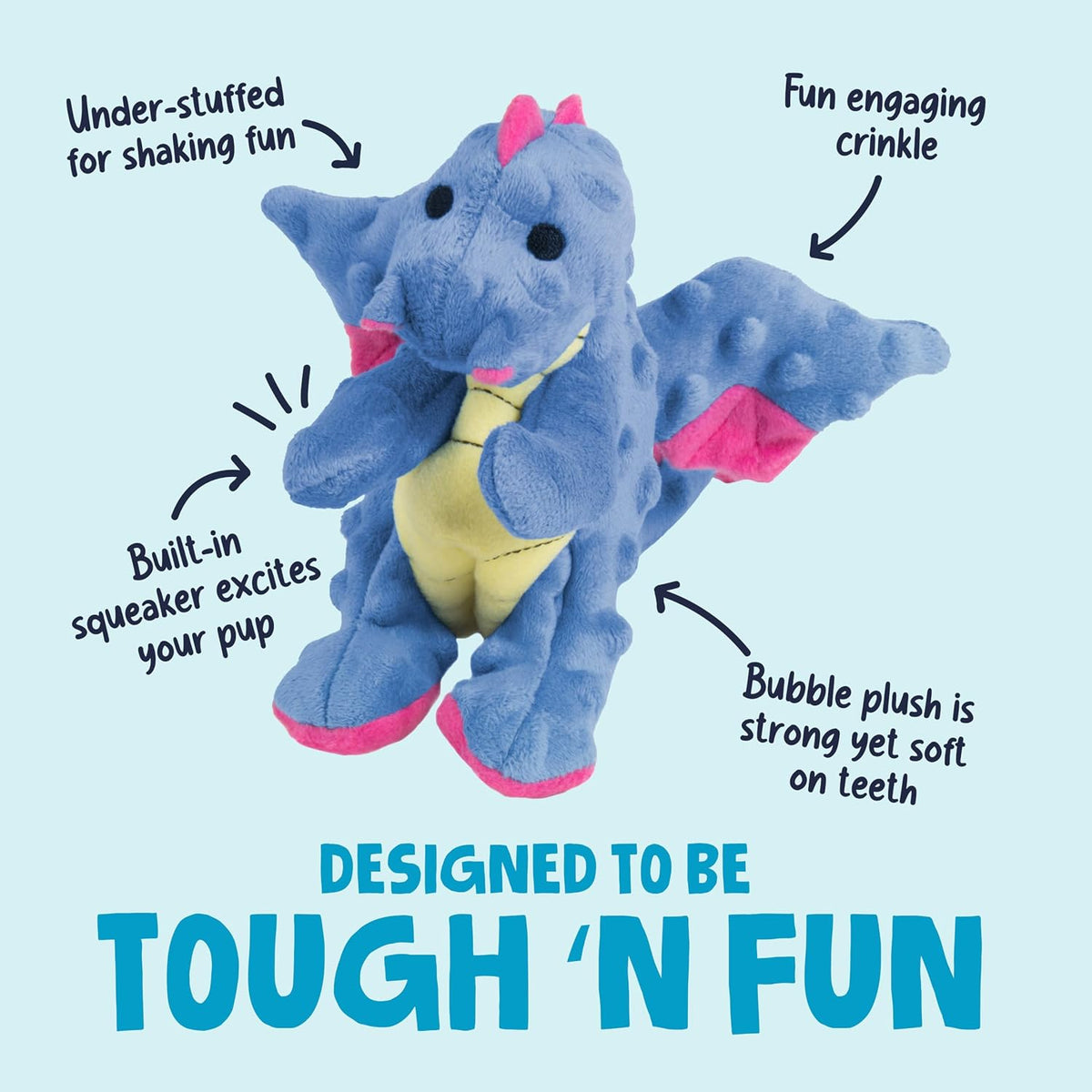 goDog Dragons with Chew Guard Technology Durable Plush Squeaker Dog Toy – Periwinkle, Large